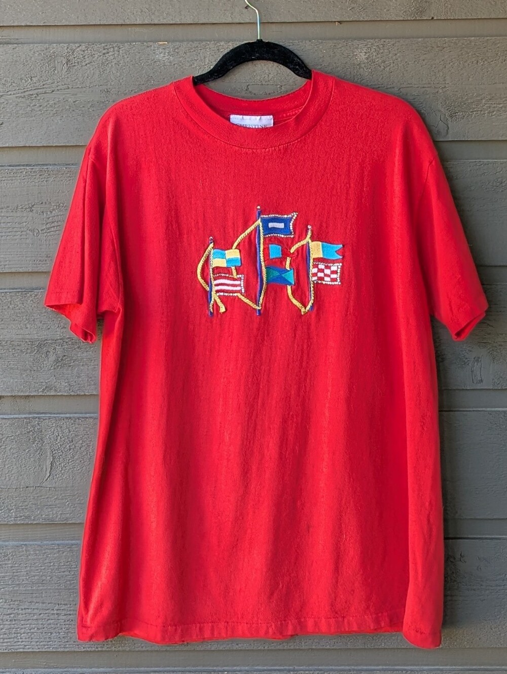 VTG 80s Christine Alexander Nautical Flags Red Crewneck Tee 100% Cotton Large